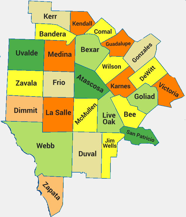 Service Area Map of South Central Texas for Live Bee Removal